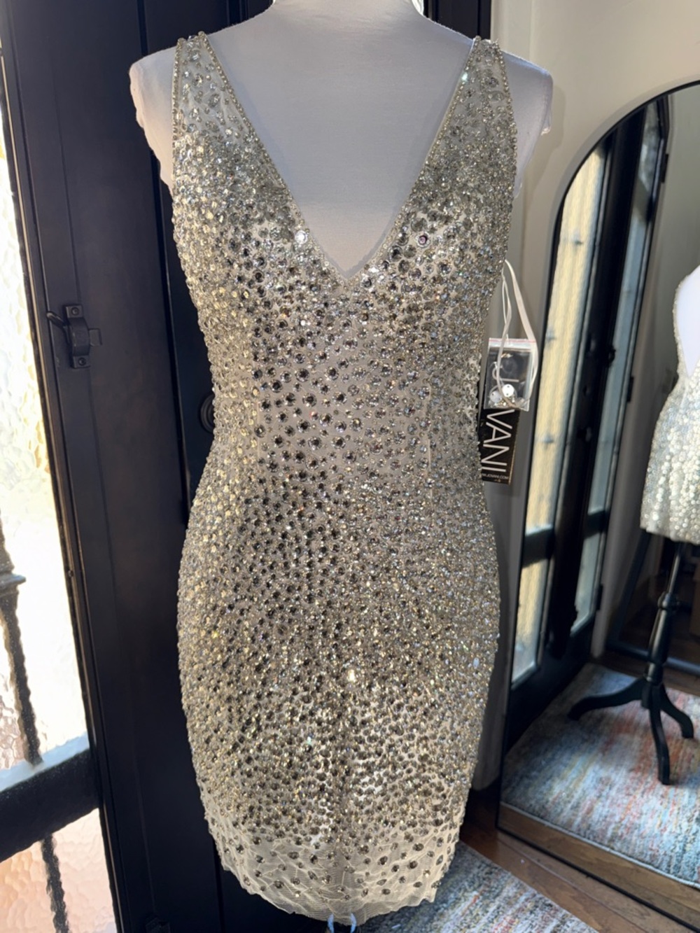 Jovani Off White Silver Illusion Beaded Short Dress
37083 sz 8 nwt $900
